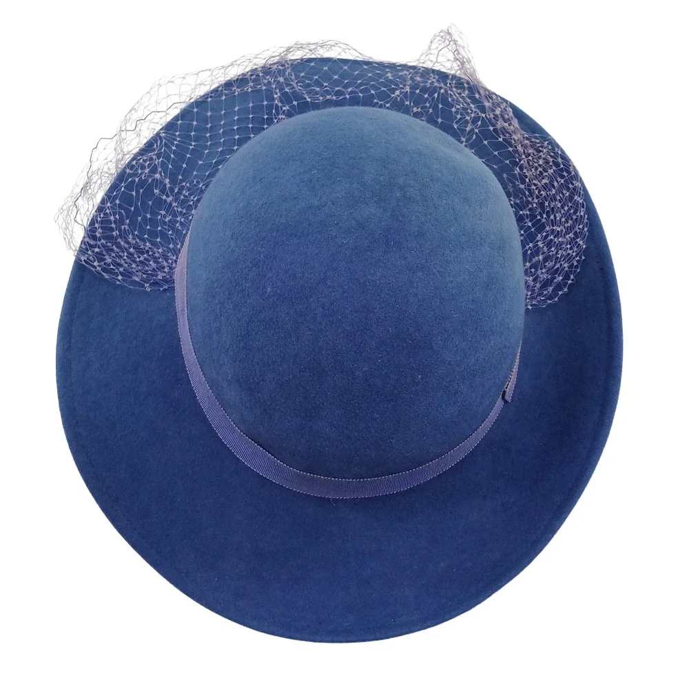Womens Fedora Hat Blue Wool Netting with Band 100% Wool Lancaster USA